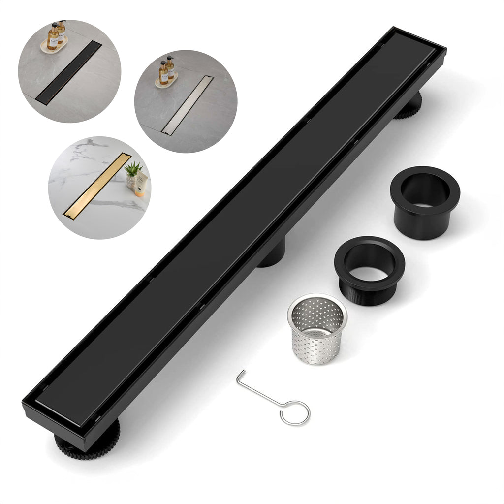 A Matte Black Colored Long Channel Stainless Steel Floor Drain with Removable Square Hole Panel Equipped with Leveling Feet and Hair Strainer