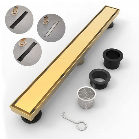 Gold Brushes Brass Linear Shower Drain with Hair Strainer and Leveling Feet