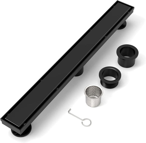A Matte Black Colored Long Channel Stainless Steel Floor Drain with Removable Square Hole Panel Equipped with Leveling Feet and Hair Strainer