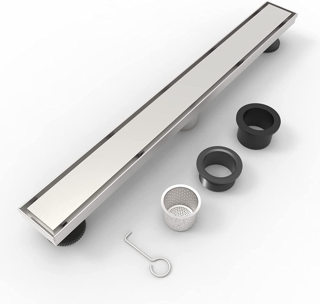 Stainless Steel Long Channel Brushed Finish Linear Bathroom Floor Drain Include Hair Strainer and Leveling Feet for Water Waste