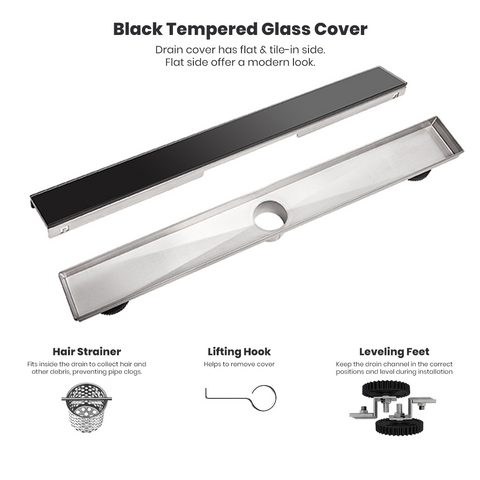 Linear Shower Drain Black Tempered Glass