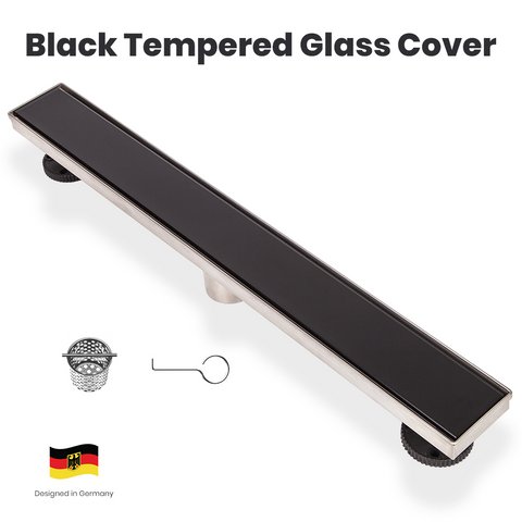 Linear Shower Drain Black Tempered Glass
